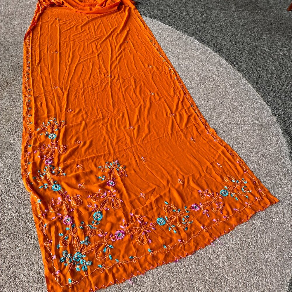 Orange Chiffon Sari w/ Blue and Pink Embroidered Flowers